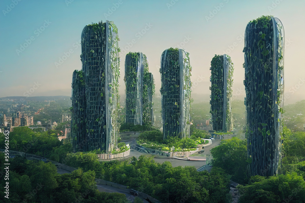 AI generated environmental awareness city with vertical forest concept of metropolis covered with gr