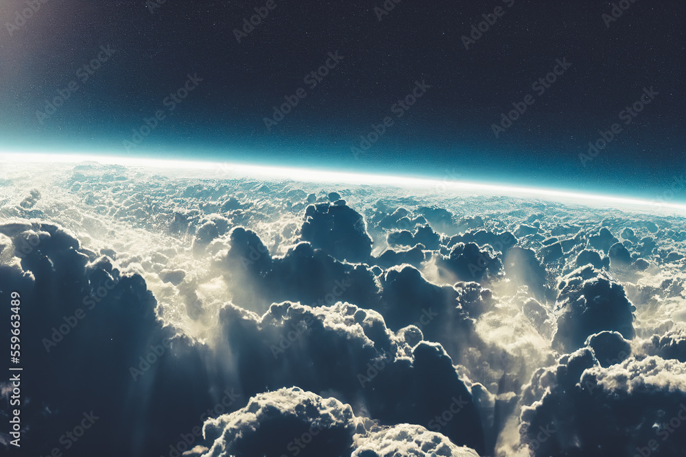 Splendid background cloudscape above the earths atmosphere in the stratosphere, with a galaxy and b