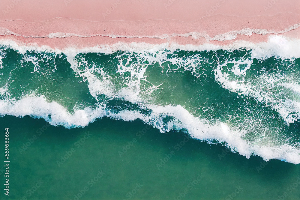 Spectacular top view from drone photo of beautiful pink beach. Generative AI.