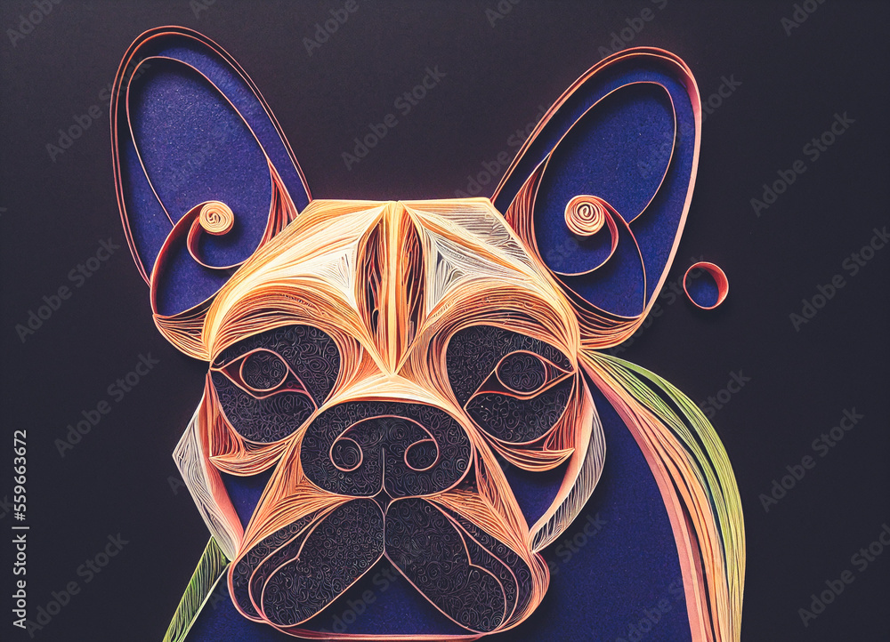 Splendid intricate paper quilling french bulldog in digital art generative AI. Realistic abstract pa