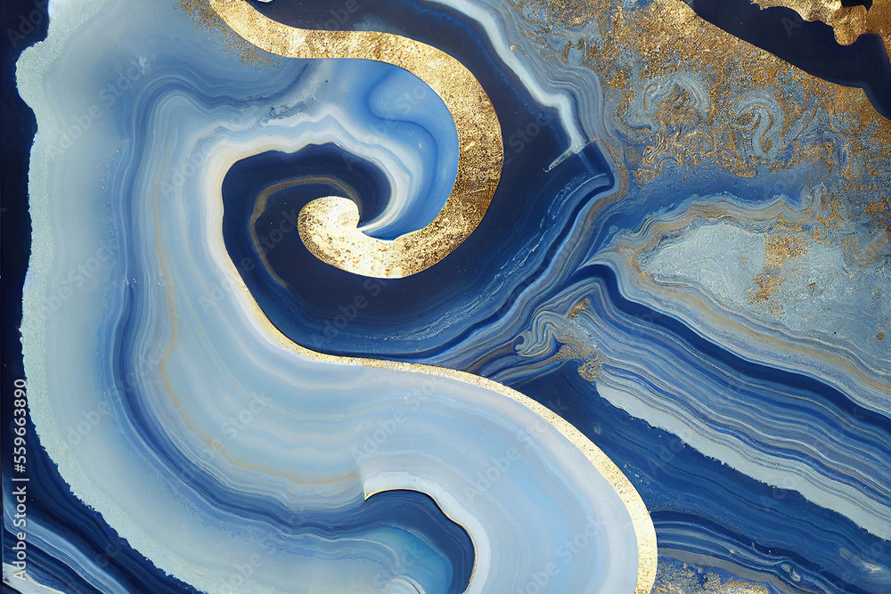 Abstract art background with a fluid marble blue and gold texture. Splendid generative AI luxury abs