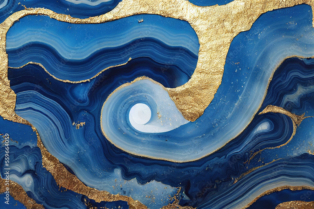 Abstract art background with a fluid marble blue and gold texture. Splendid generative AI luxury abs