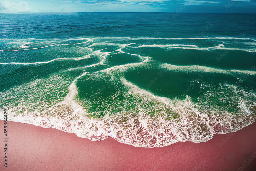 Spectacular top view from drone photo of beautiful pink beach. Generative AI.