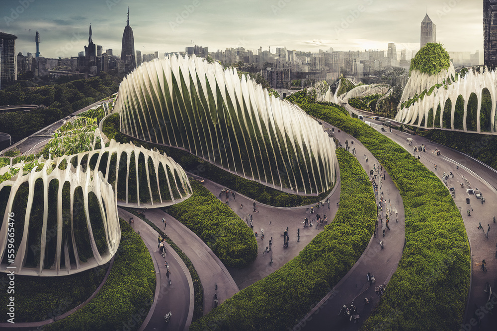 Splendid environmental awareness city with vertical forest concept of metropolis covered with green 