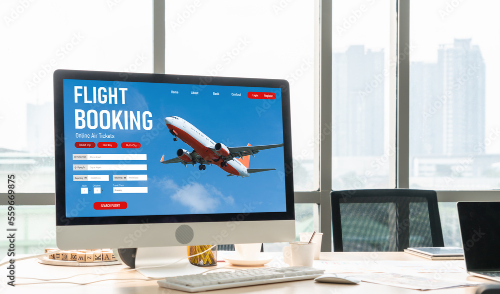 Online flight booking website provide modish reservation system . Travel technology concept .