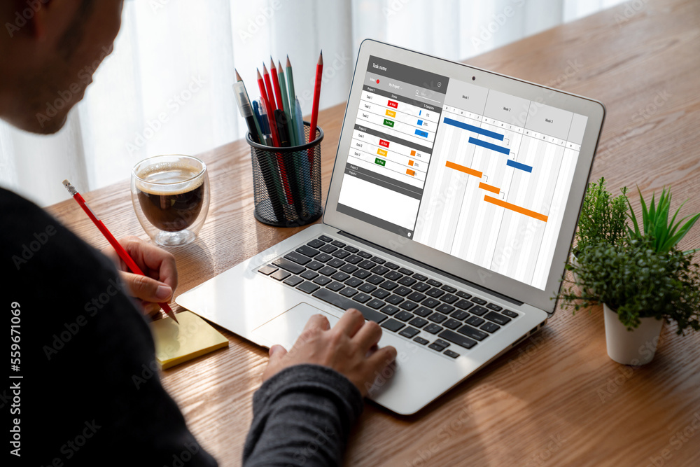 Project planning software for modish business project management on the computer screen showing time