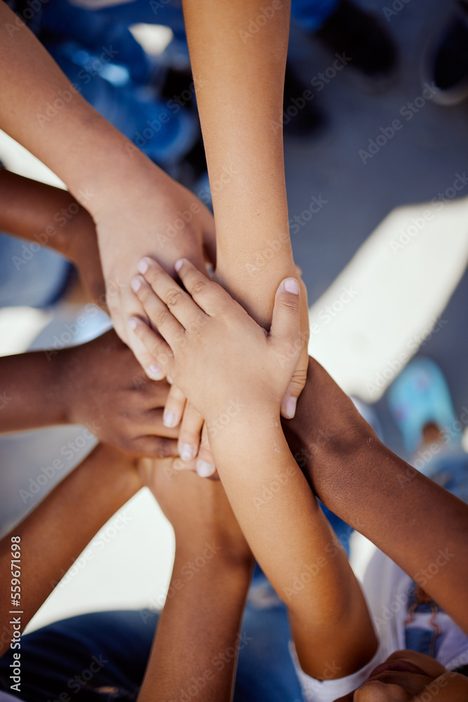 Hands, together and support, children solidarity and trust, commitment and team motivation top view.