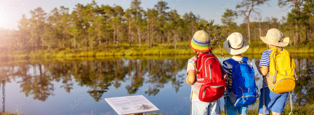 Children standing on the boardwalk on bog and looking on the lake.