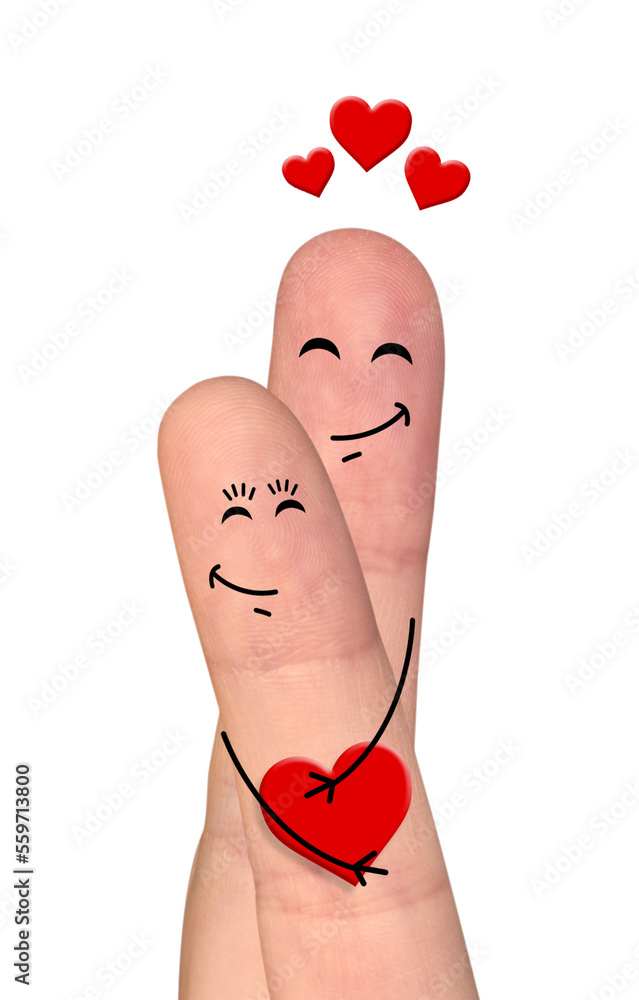 Happy finger couple in love celebrating Valentine’s day by holding each other