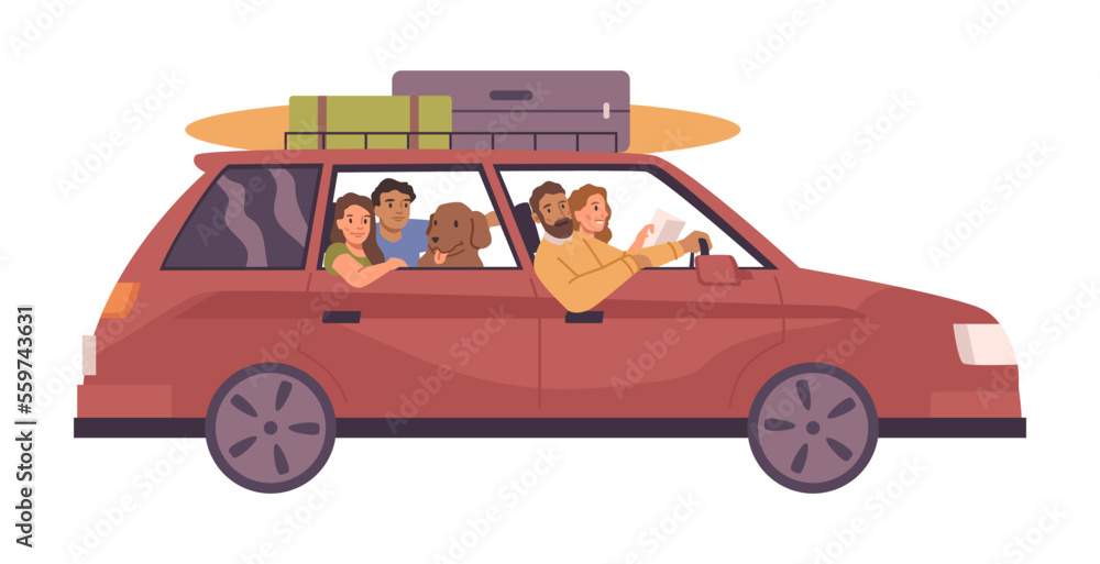 Family of parents and kids with dog traveling on car. Isolated people on road trip, driving on vehic