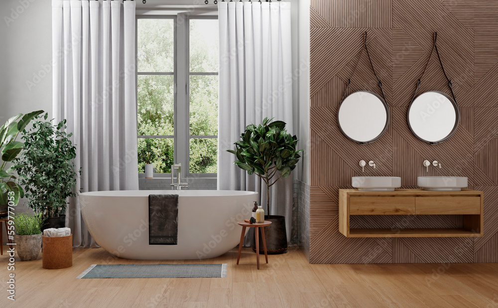 Modern bathroom interior with wooden decor in eco style. 3D Render	