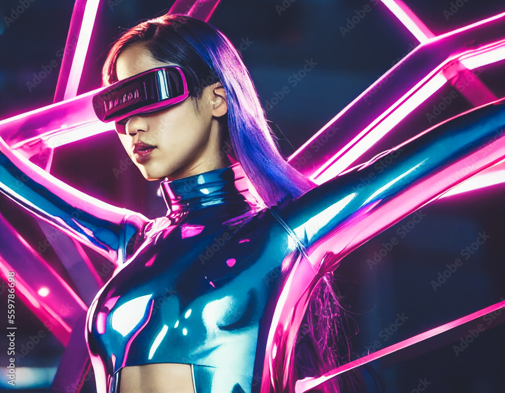 Splendid futuristic woman in cyberpunk world with VR headset portrait with glowing ultraviolet neon 