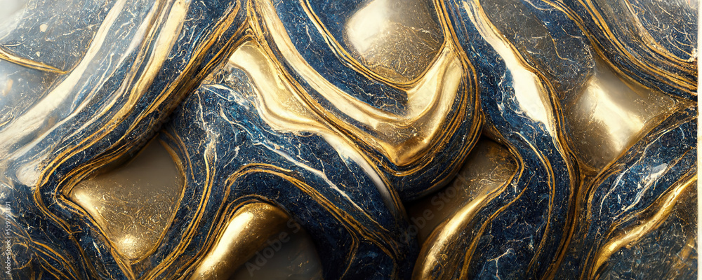 Splendid modern marbling painting abstract design of blue and gold wavy veins pattern texture marble