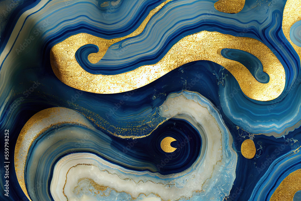 Abstract art background with a fluid marble blue and gold texture. Splendid generative AI luxury abs