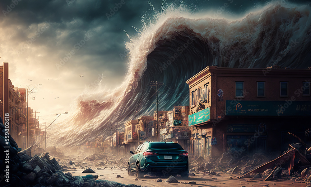 Huge tsunami destroying a city. Dramatic scenery with a big wave flooding the lanscape. Natural disa