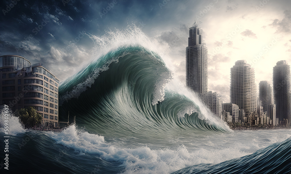 Huge tsunami destroying a city. Dramatic scenery with a big wave flooding the lanscape. Natural disa