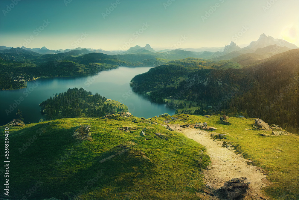 Mountain river landscape green forest for natural beauty background concept in generative AI digital