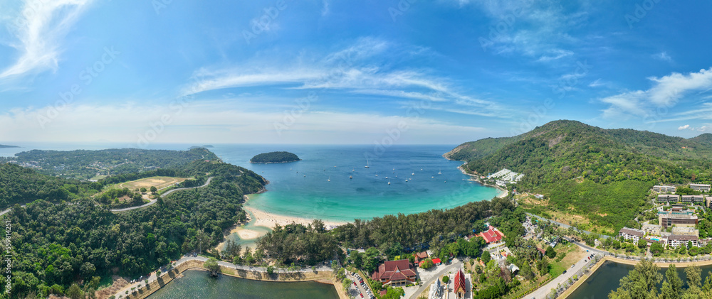 Amazing Panorama view seashore and mountains, Aerial view of Tropical sea in the beautiful Phuket is