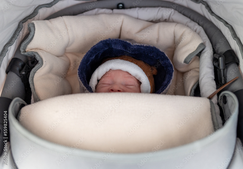 Newborn baby first winter walk in stroller