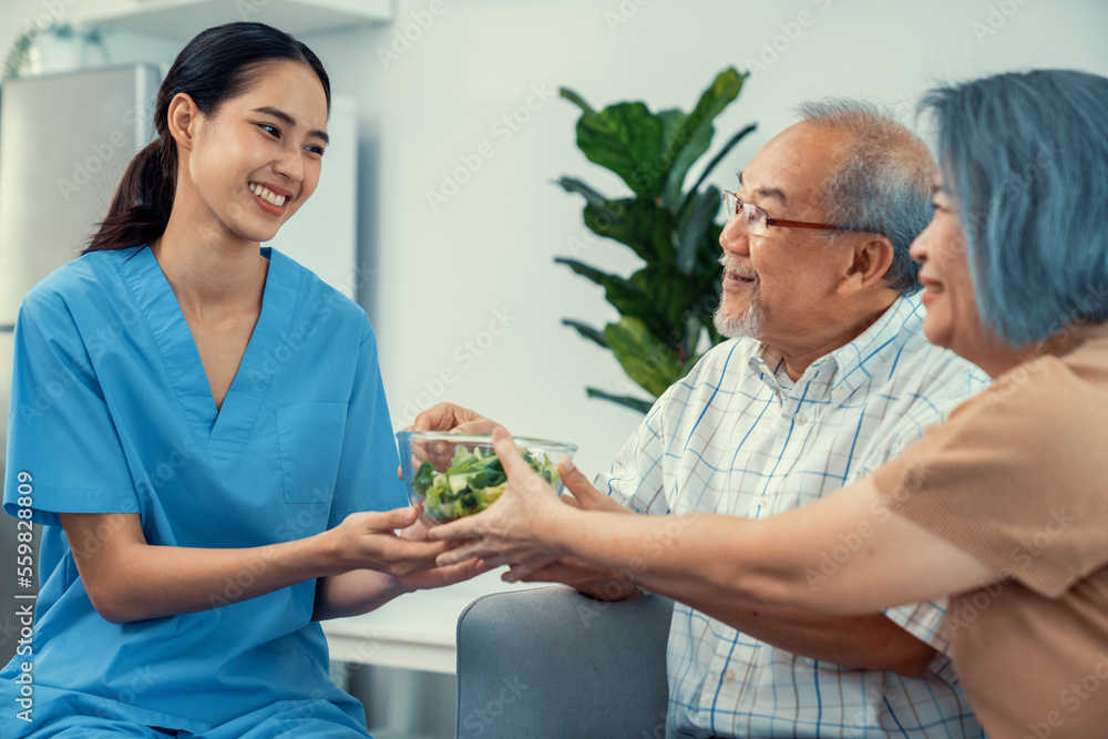 A female nurse serves a bowl of salad to a contented senior couple. Health care and medical assistan