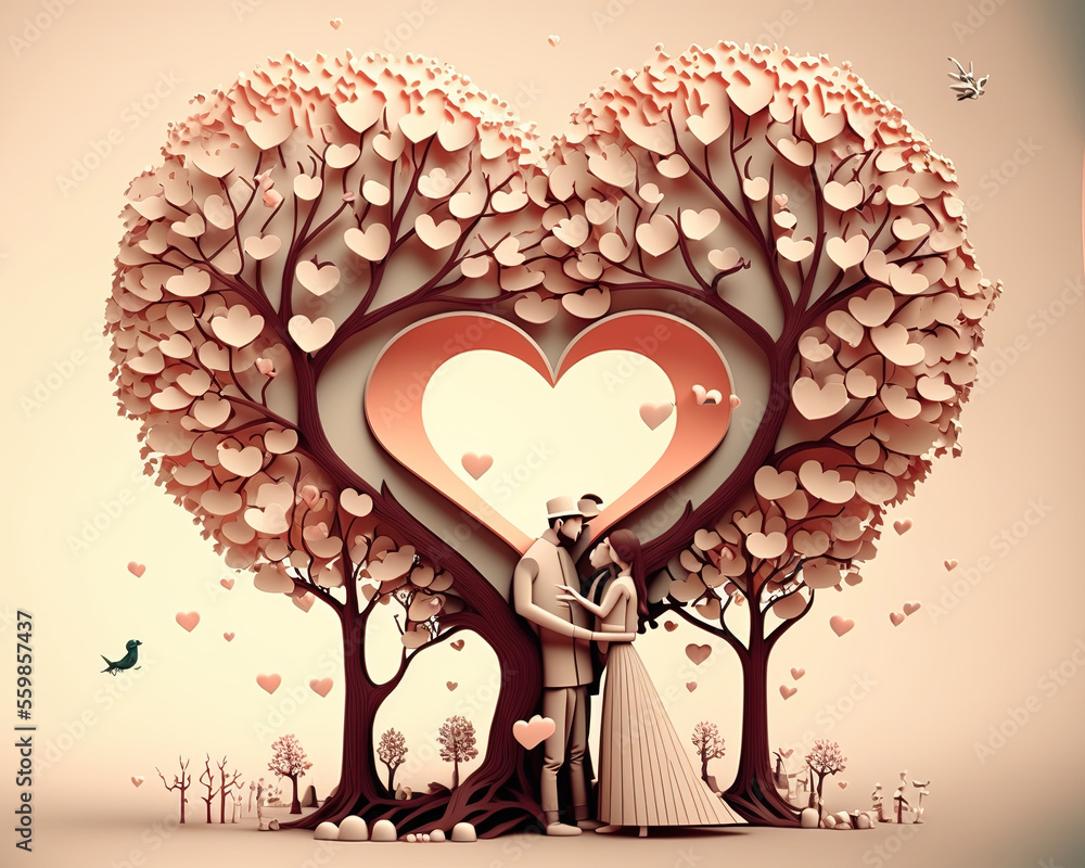 illustration of love and valentine day two enamored under a love tree,paper 3d from digital craft. (