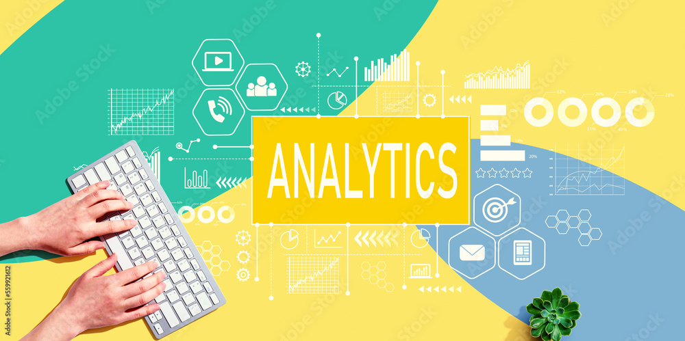 Analytics with person using a computer keyboard