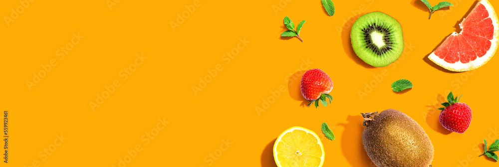 Collection of mixed fruits overhead view flat lay