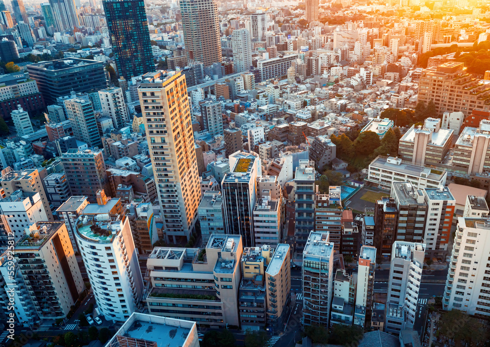 日本东京都港区日落时的天际线和城市景观鸟瞰图