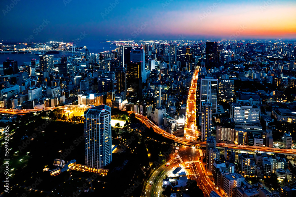 日本东京都港区日落时的天际线和城市景观鸟瞰图