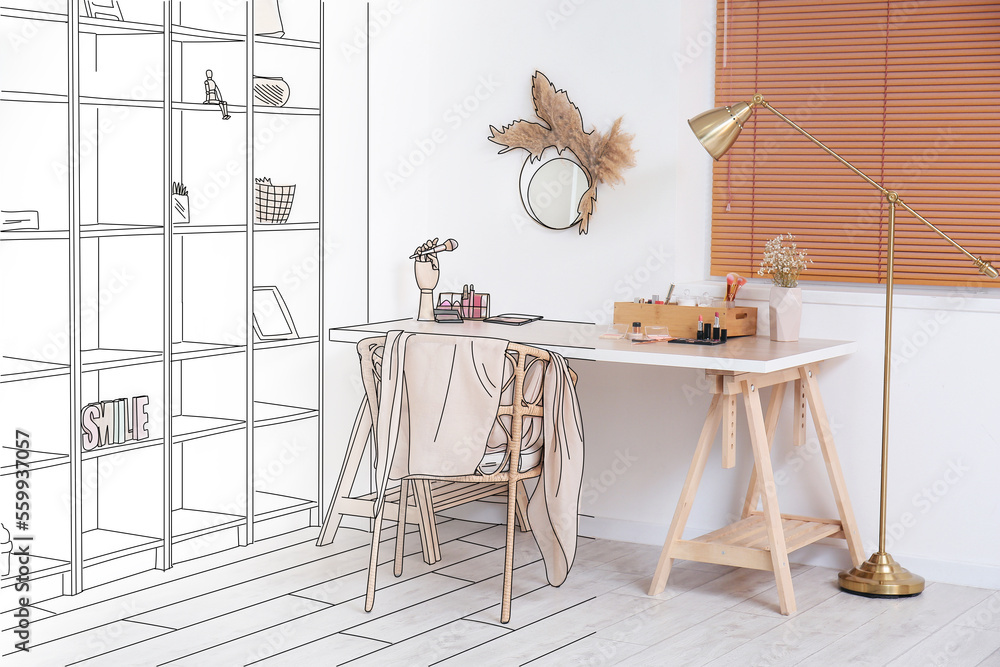 New interior of modern room with makeup artists workplace and shelving unit