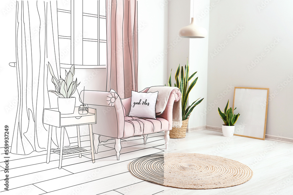 New interior of light room with pink armchair, table and houseplants