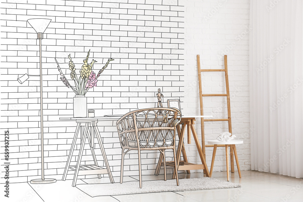 New interior of room with cozy workplace and wicker armchair near light brick wall