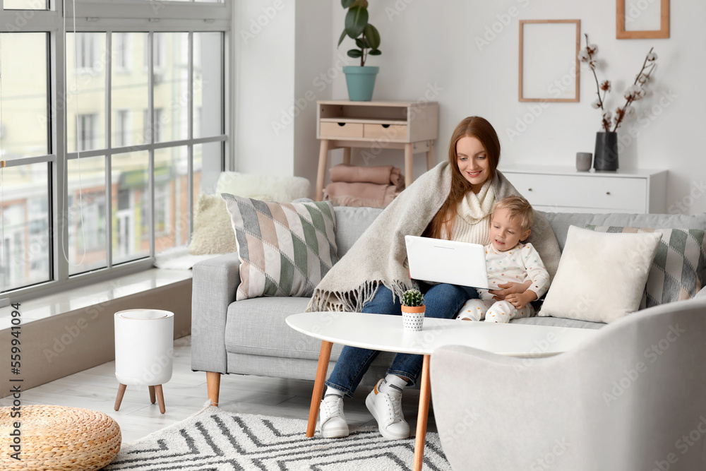 Beautiful woman with her little son and laptop sitting on grey sofa at home