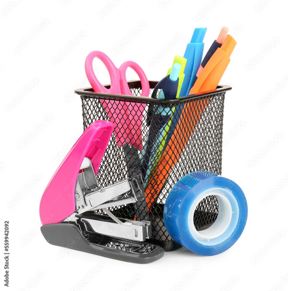 Holder with pens and stationery isolated on white background