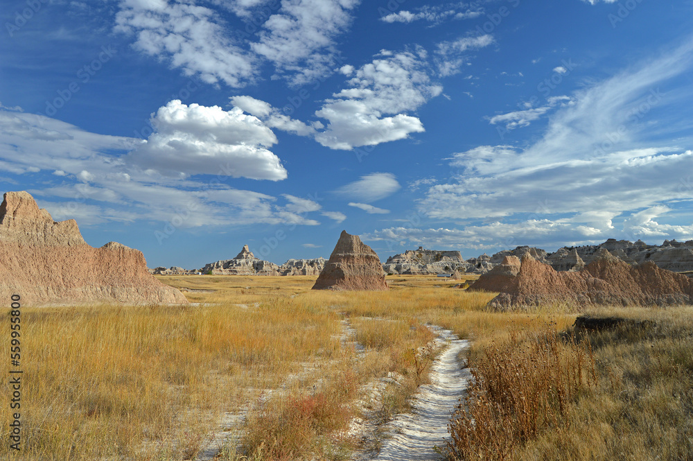 Hiking trail winding among rock formations and through grasslands in Badlands NP