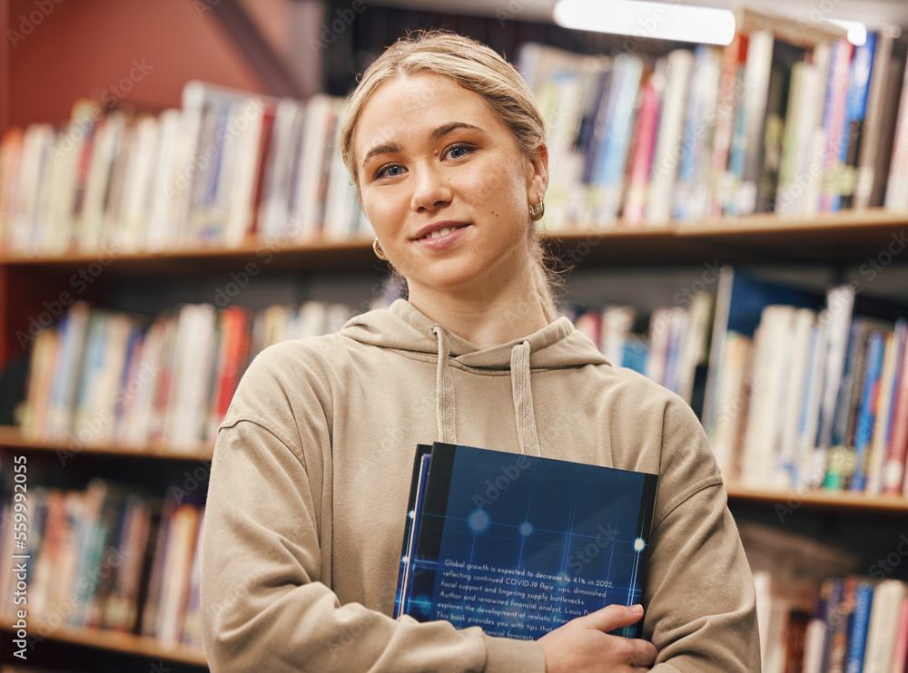 Face, woman and student in university library ready for learning. Education, portrait and happy fema