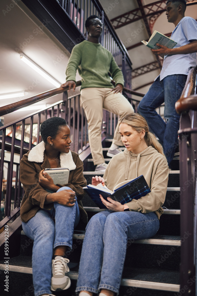 College student group, stairs and reading for study, research and discussion for exam, test or educa