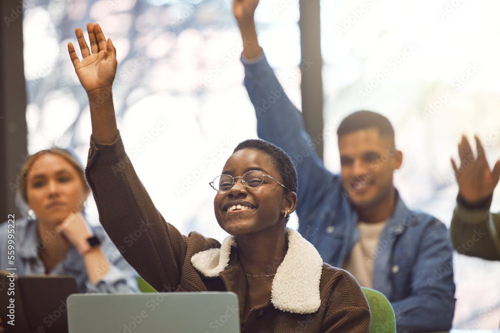 Black woman learning, class and education with student, question with hand raised and excited for st