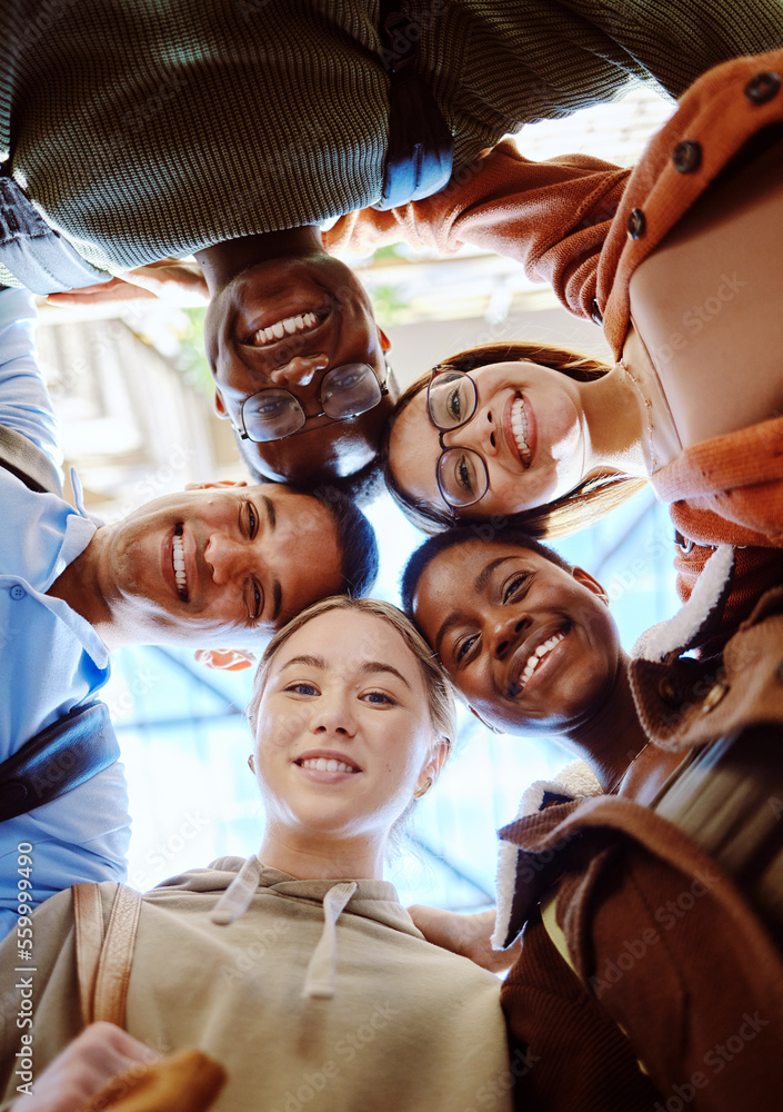 Below, portrait and student group with smile for motivation, support or education in summer sunshine