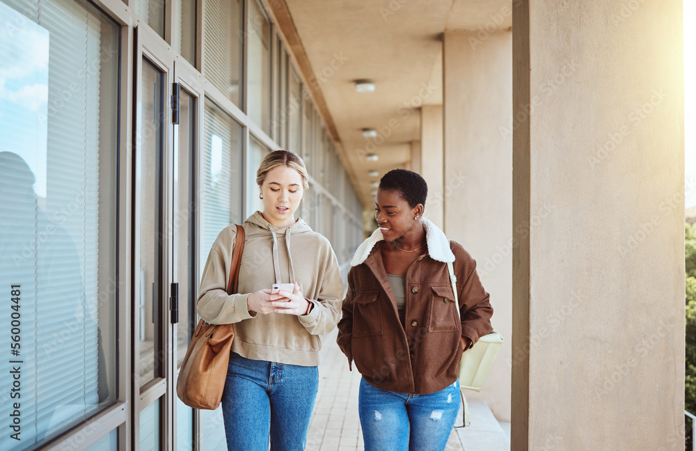 Friends, women and smartphone for social media, talking and connection to share pictures, walking an