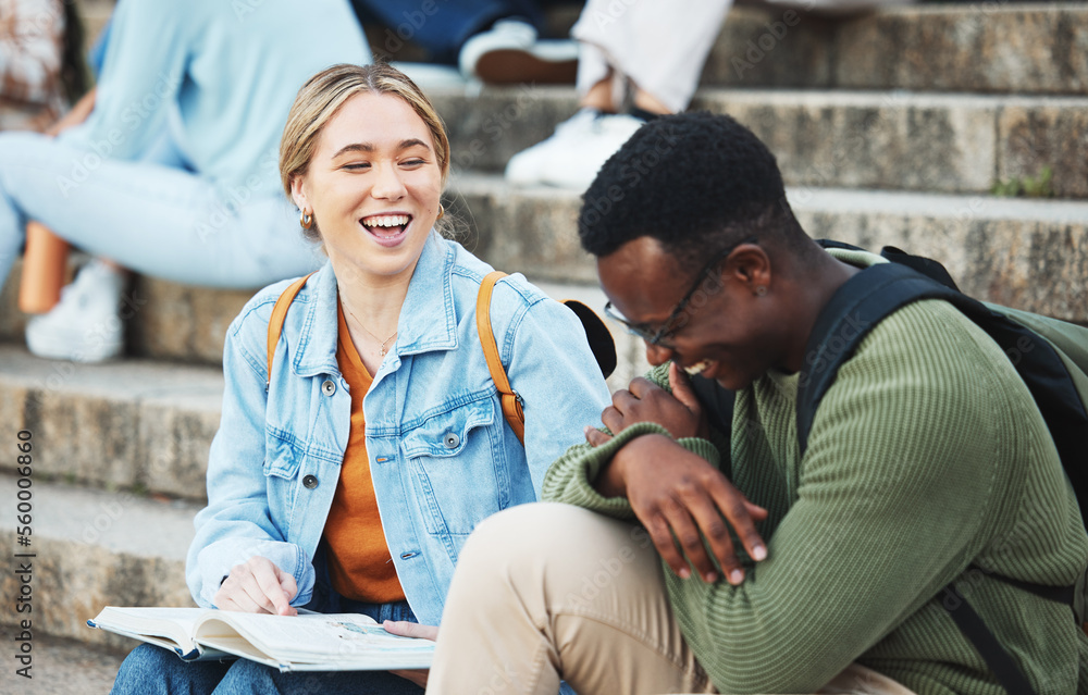 Laughing students, book or studying on stairs on university, school or college campus for test, exam