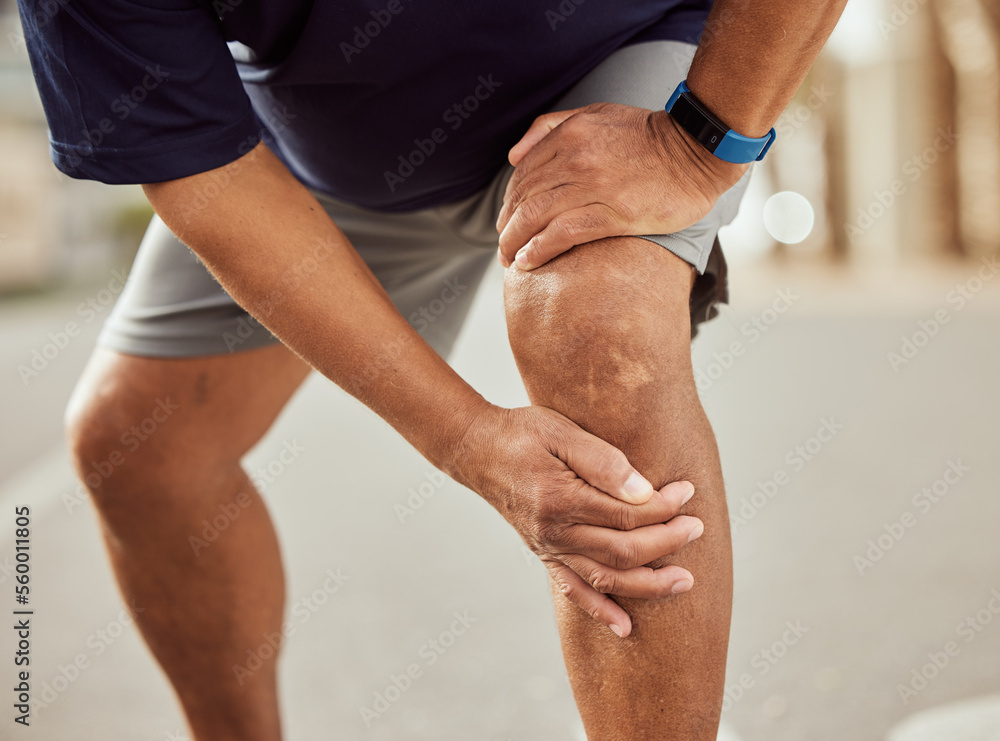 Fitness, knee pain and hands of black man with muscle ache, painful joint and injury after running i