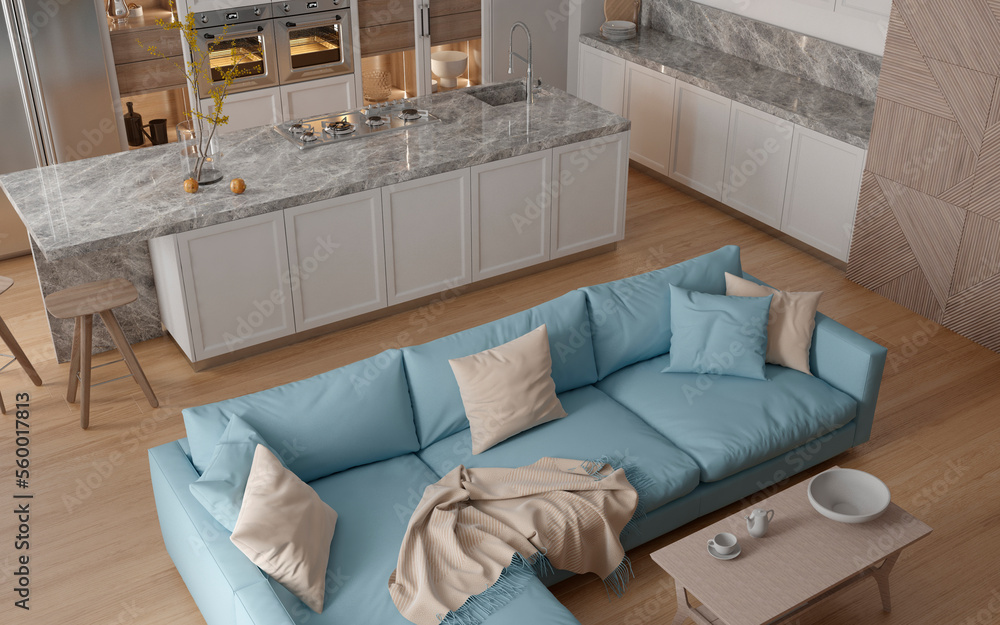 Modern interior of kitchen with living room. 3d render