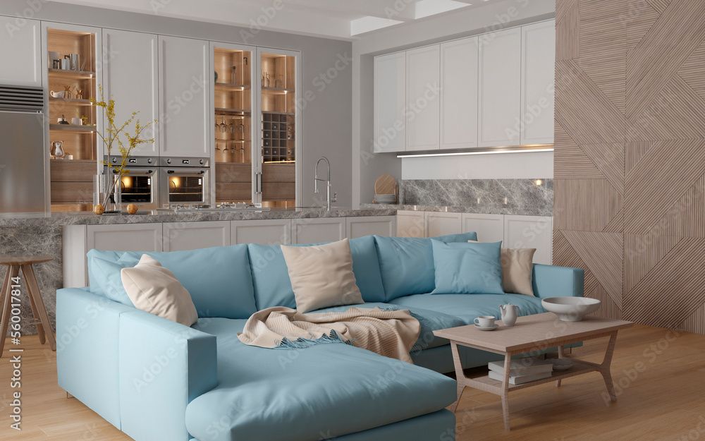 Modern interior of kitchen with living room. 3d render