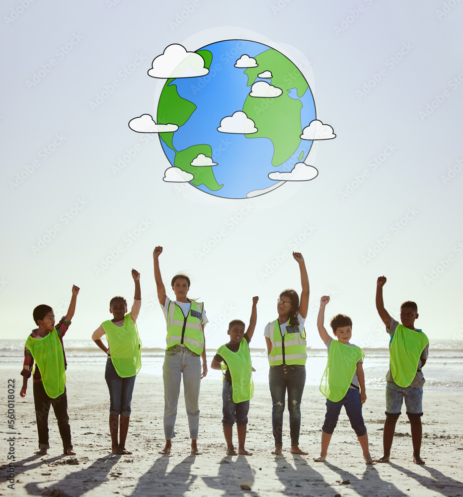 Support, earth day and portrait of children at the beach for cleaning, sustainability and digital ea