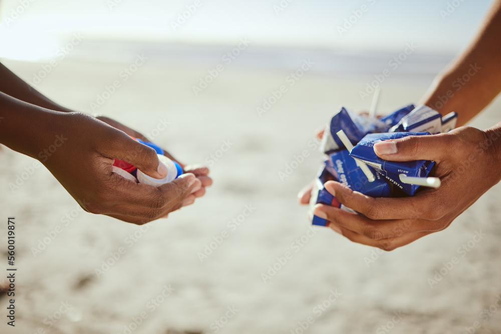 Cleaning, plastic and hands of volunteer at beach for recycle, environment or earth day. Recycling, 