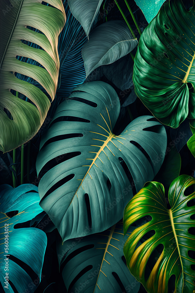 Green tropical leaves background. Natural foliage leaf texture. View of palm plants. Generative ai