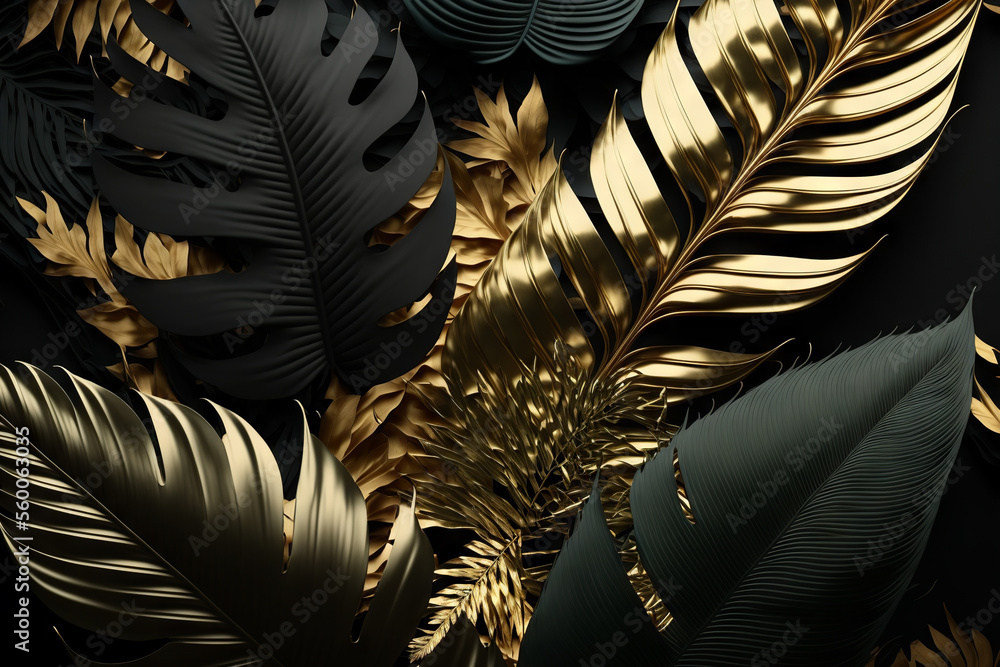 Black and gold tropical leaves background. Golden foliage leaf texture. View of palm plants. Generat