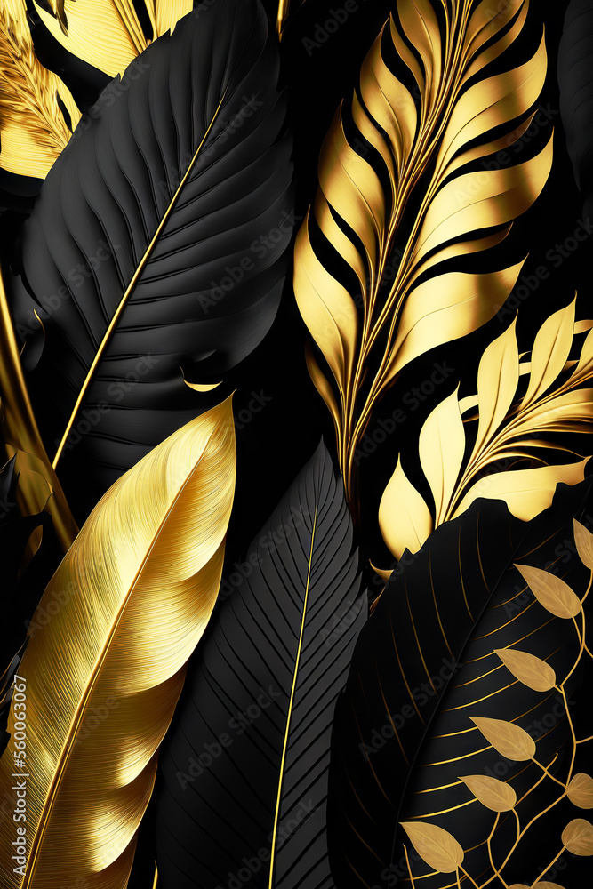 Black and gold tropical leaves background. Golden foliage leaf texture. View of palm plants. Generat