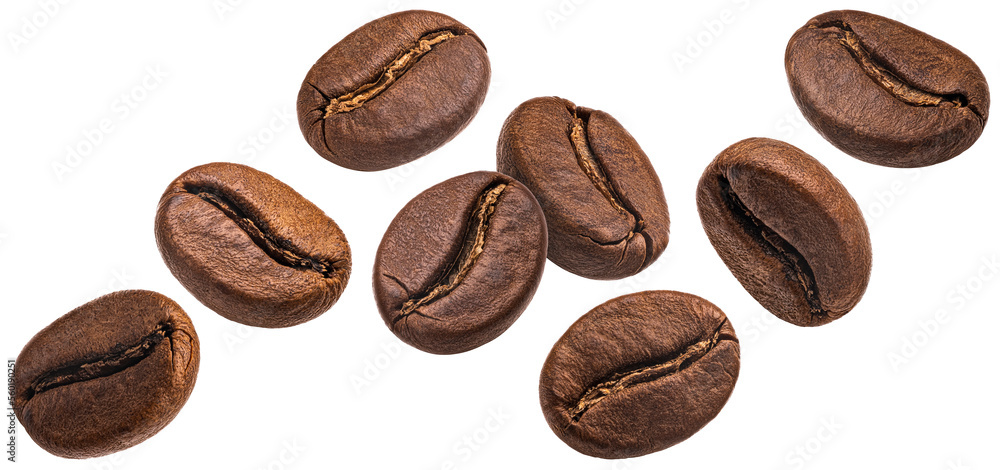 Falling coffee beans isolated on white background